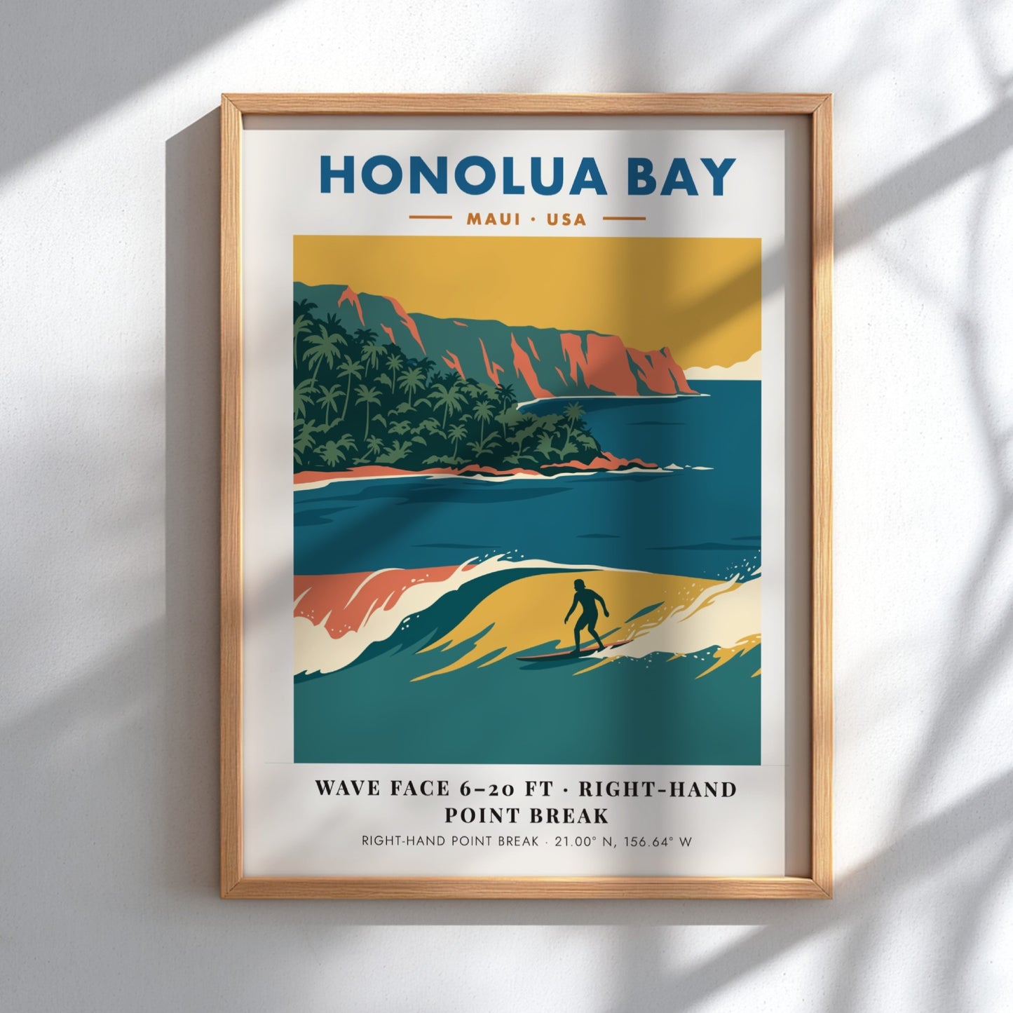 Honolua Bay Maui surf poster featuring a right-hand point break and orange cliffs.