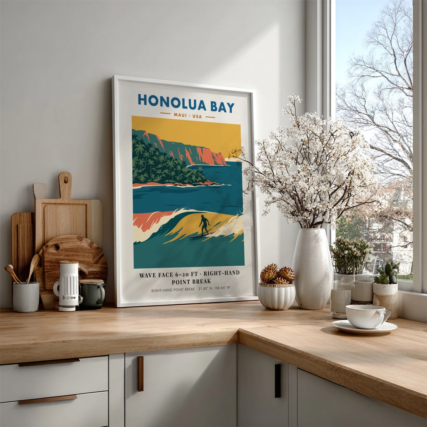 Honolua Bay Maui surf poster featuring a right-hand point break and orange cliffs.
