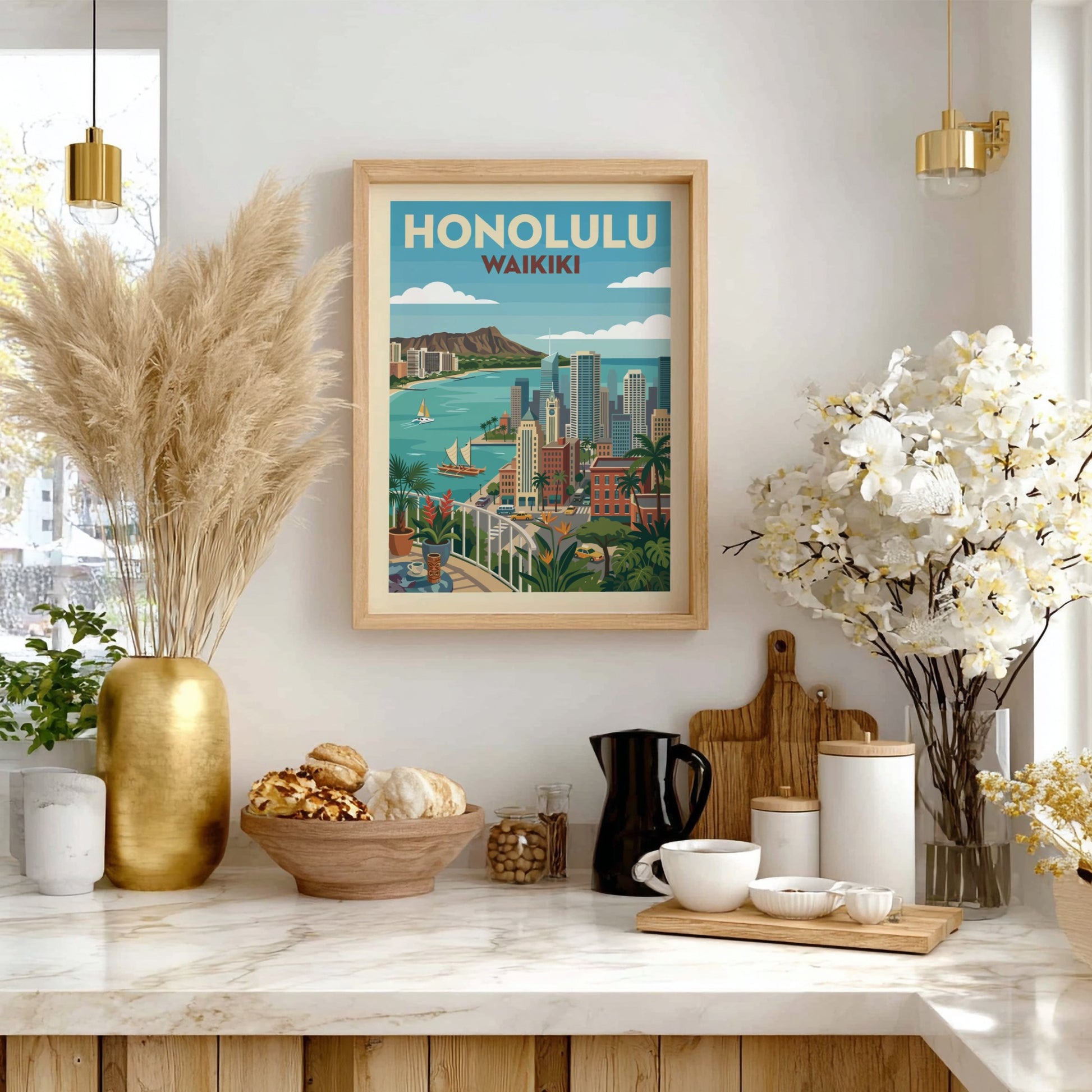 Retro Honolulu Waikiki cityscape poster with Diamond Head, buildings, ocean, and tropical plants.