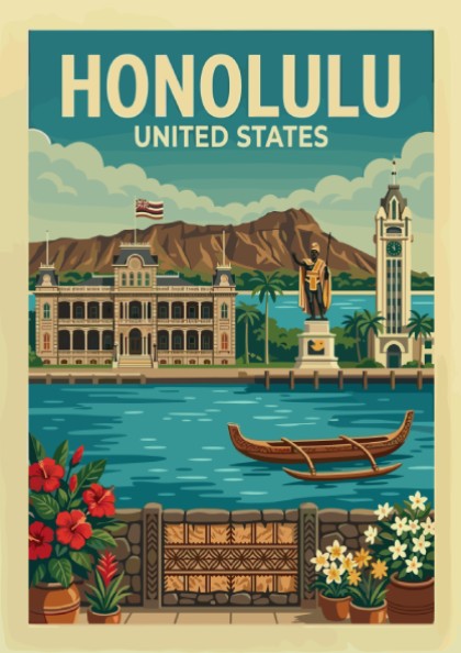 Vintage Honolulu travel poster with Iolani Palace, Aloha Tower, and tropical flowers.