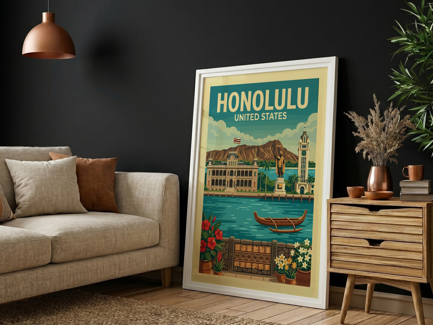 Vintage Honolulu travel poster with Iolani Palace, Aloha Tower, and tropical flowers.