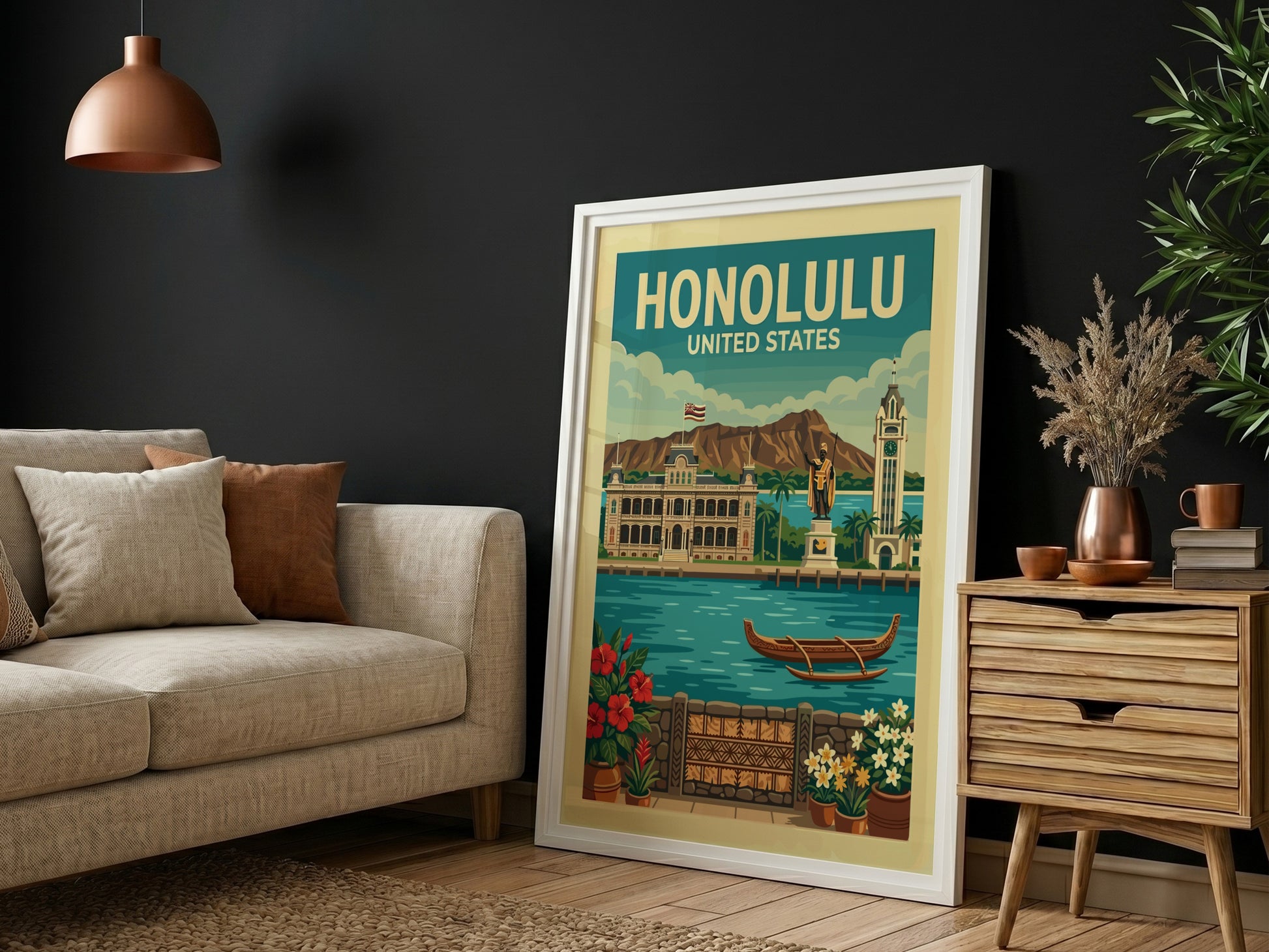 Vintage Honolulu travel poster with Iolani Palace, Aloha Tower, and tropical flowers.
