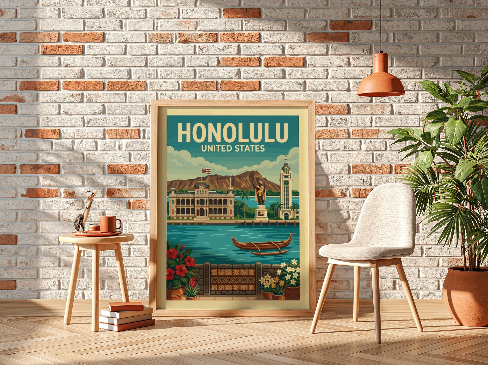 Vintage Honolulu travel poster with Iolani Palace, Aloha Tower, and tropical flowers.