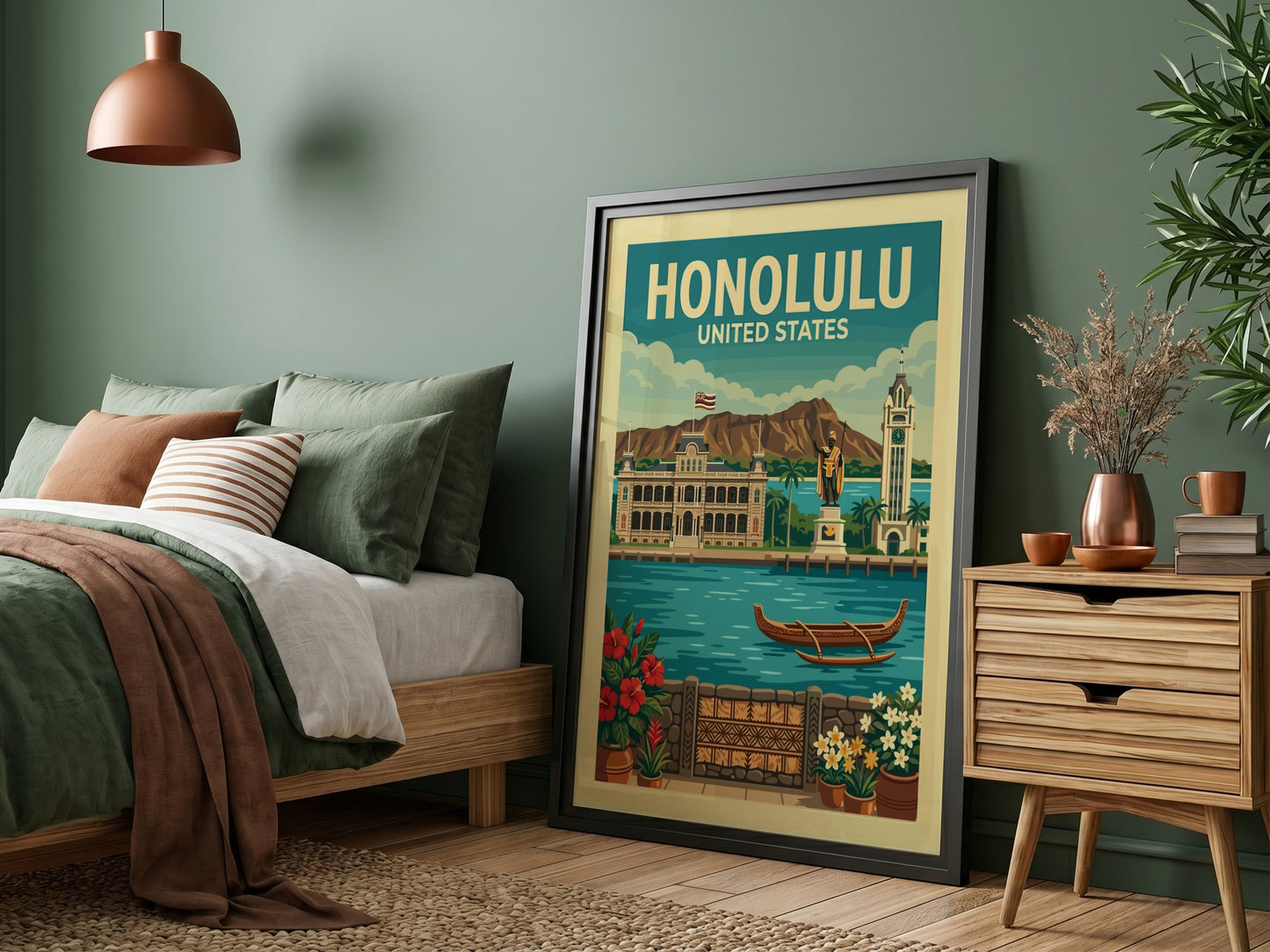 Vintage Honolulu travel poster with Iolani Palace, Aloha Tower, and tropical flowers.