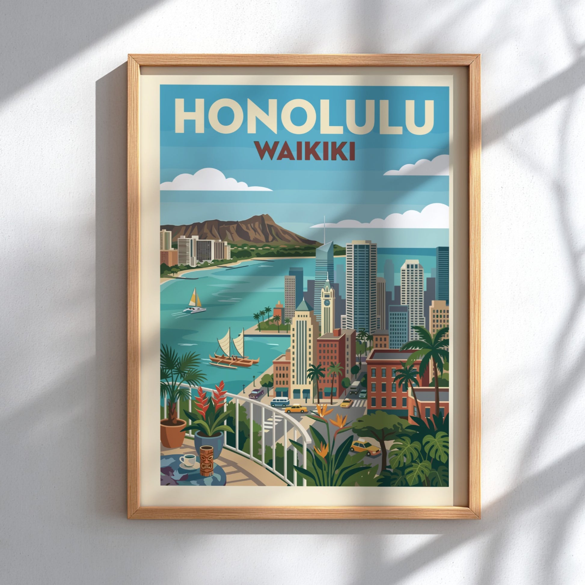 Retro Honolulu Waikiki cityscape poster with Diamond Head, buildings, ocean, and tropical plants.