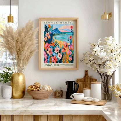 Flower market poster featuring tropical flowers and ocean view in vibrant colors