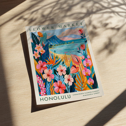Flower market poster featuring tropical flowers and ocean view in vibrant colors