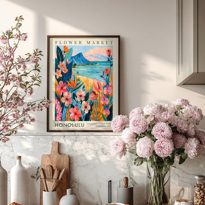 Flower market poster featuring tropical flowers and ocean view in vibrant colors