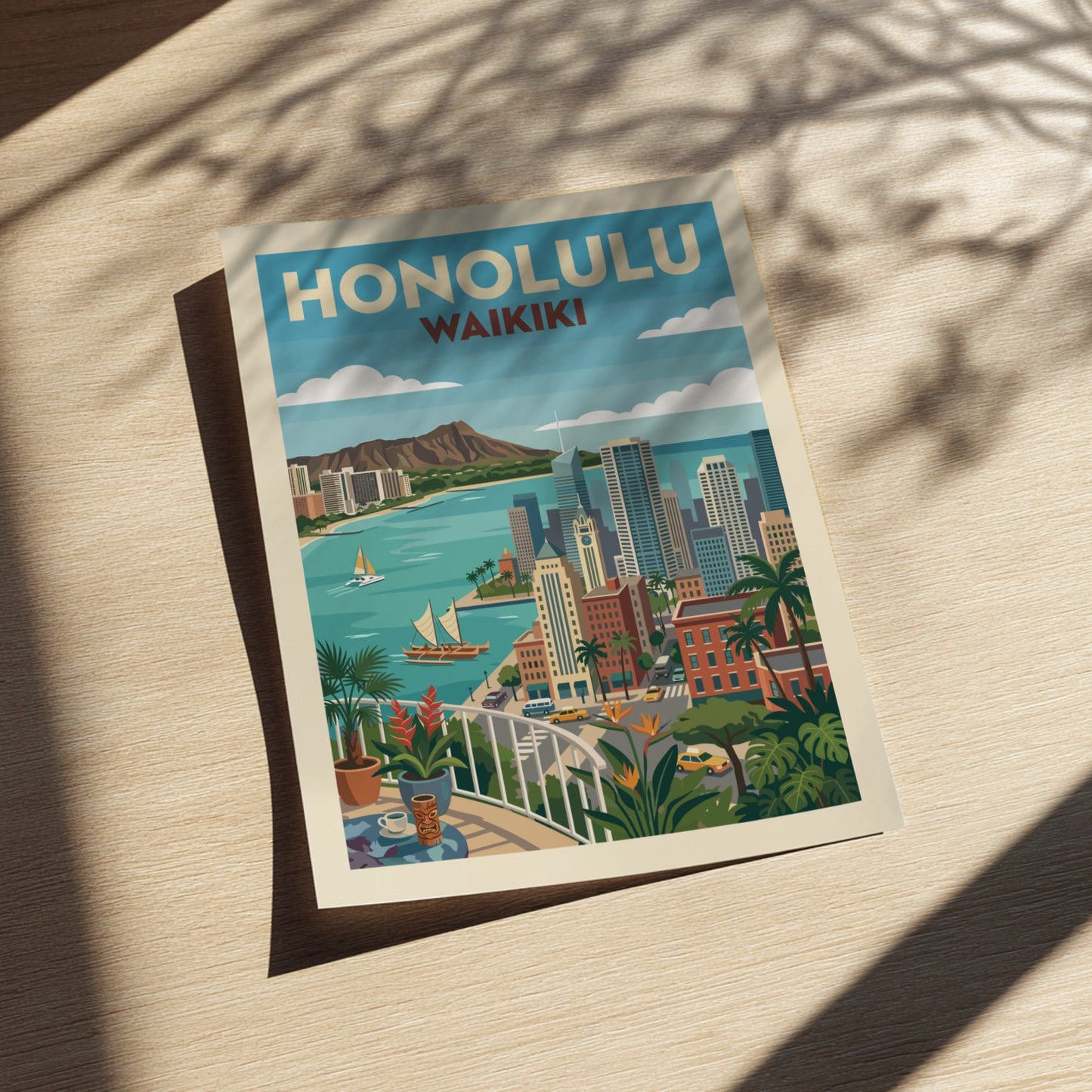 Retro Honolulu Waikiki cityscape poster with Diamond Head, buildings, ocean, and tropical plants.