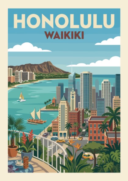 Retro Honolulu Waikiki cityscape poster with Diamond Head, buildings, ocean, and tropical plants.