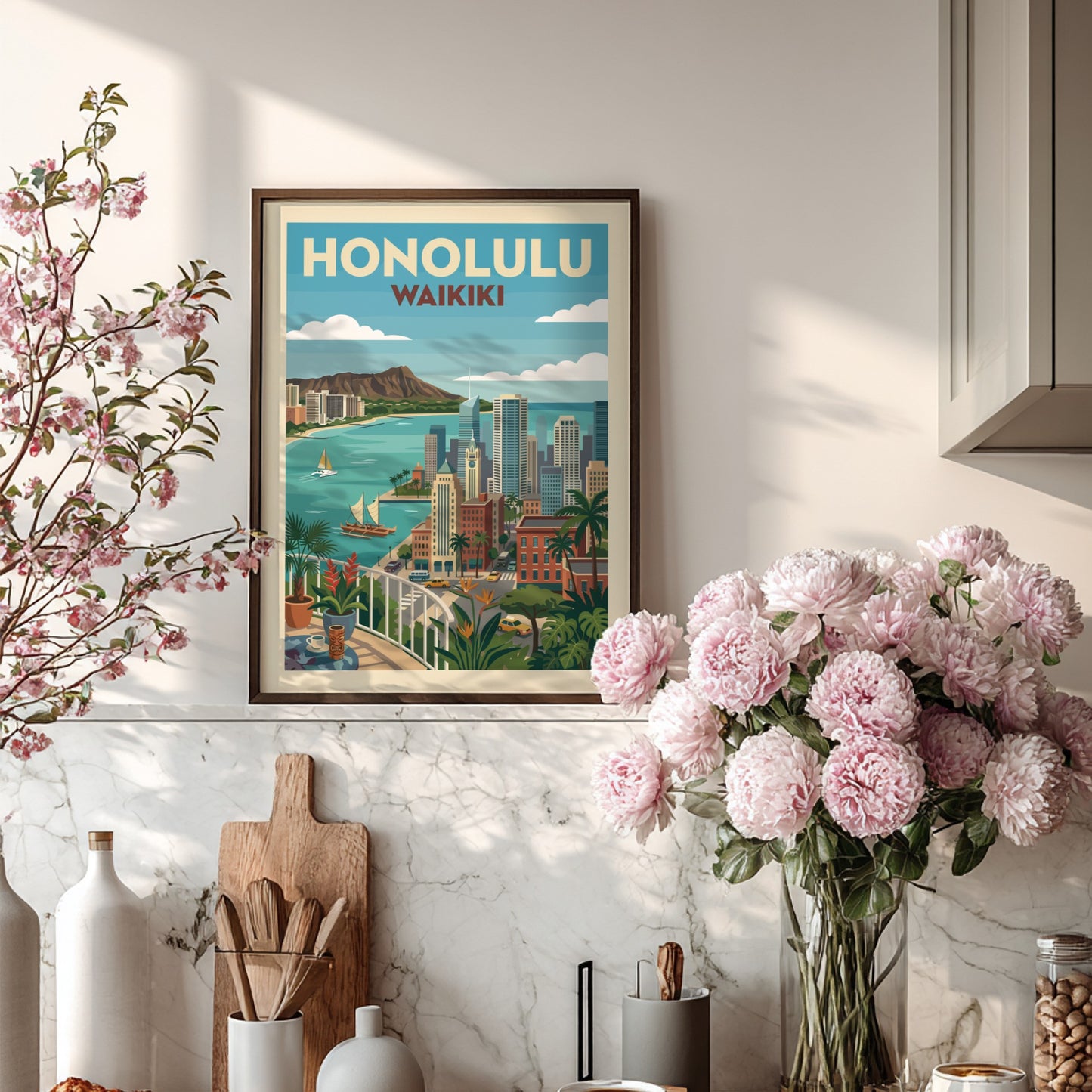 Retro Honolulu Waikiki cityscape poster with Diamond Head, buildings, ocean, and tropical plants.