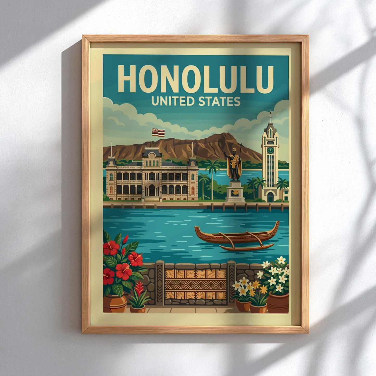 Vintage Honolulu travel poster with Iolani Palace, Aloha Tower, and tropical flowers.