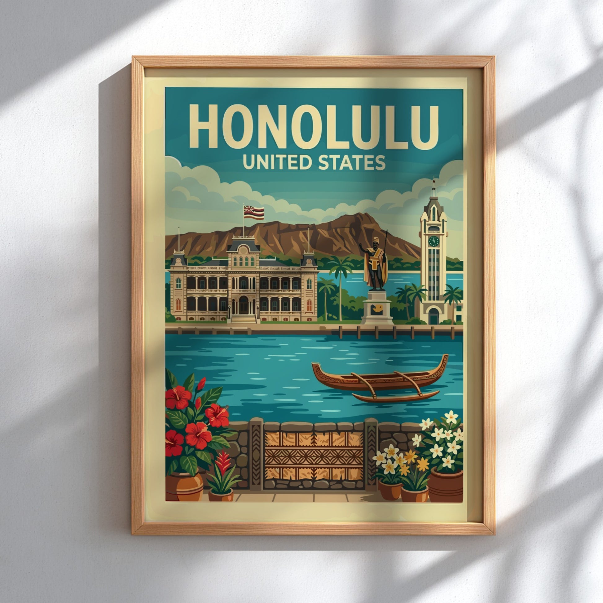 Vintage Honolulu travel poster with Iolani Palace, Aloha Tower, and tropical flowers.