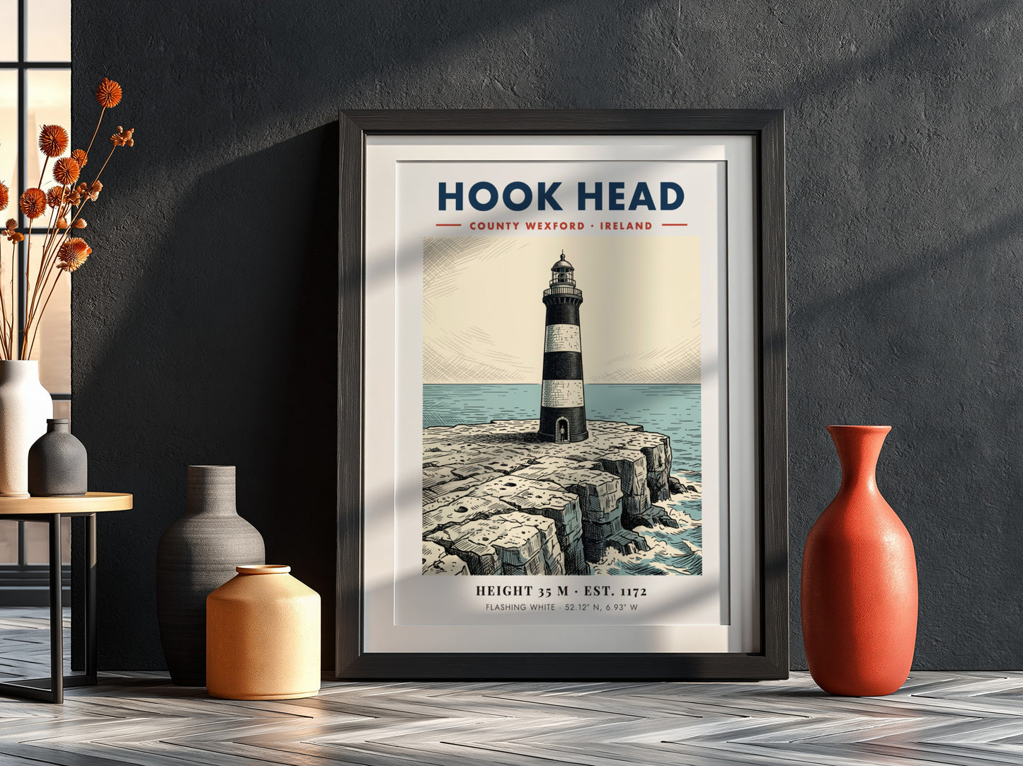 Poster featuring the iconic Hook Head Lighthouse on jagged cliffs by the sea.