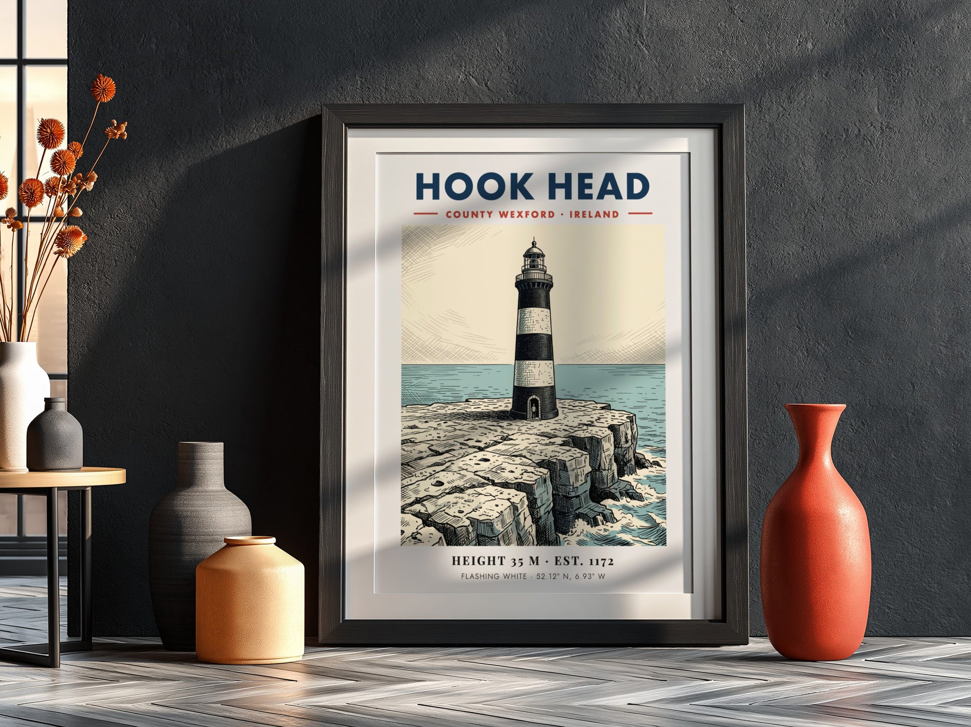 Poster featuring the iconic Hook Head Lighthouse on jagged cliffs by the sea.