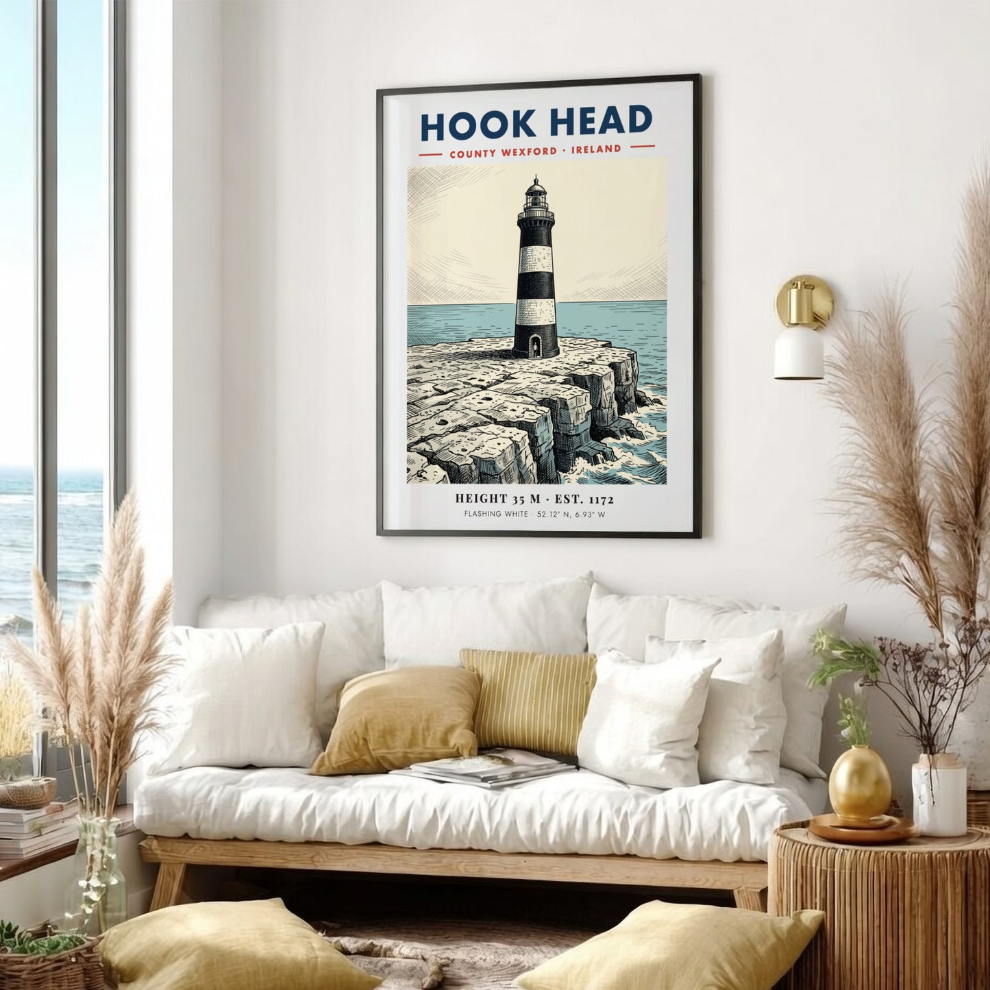 Poster featuring the iconic Hook Head Lighthouse on jagged cliffs by the sea.