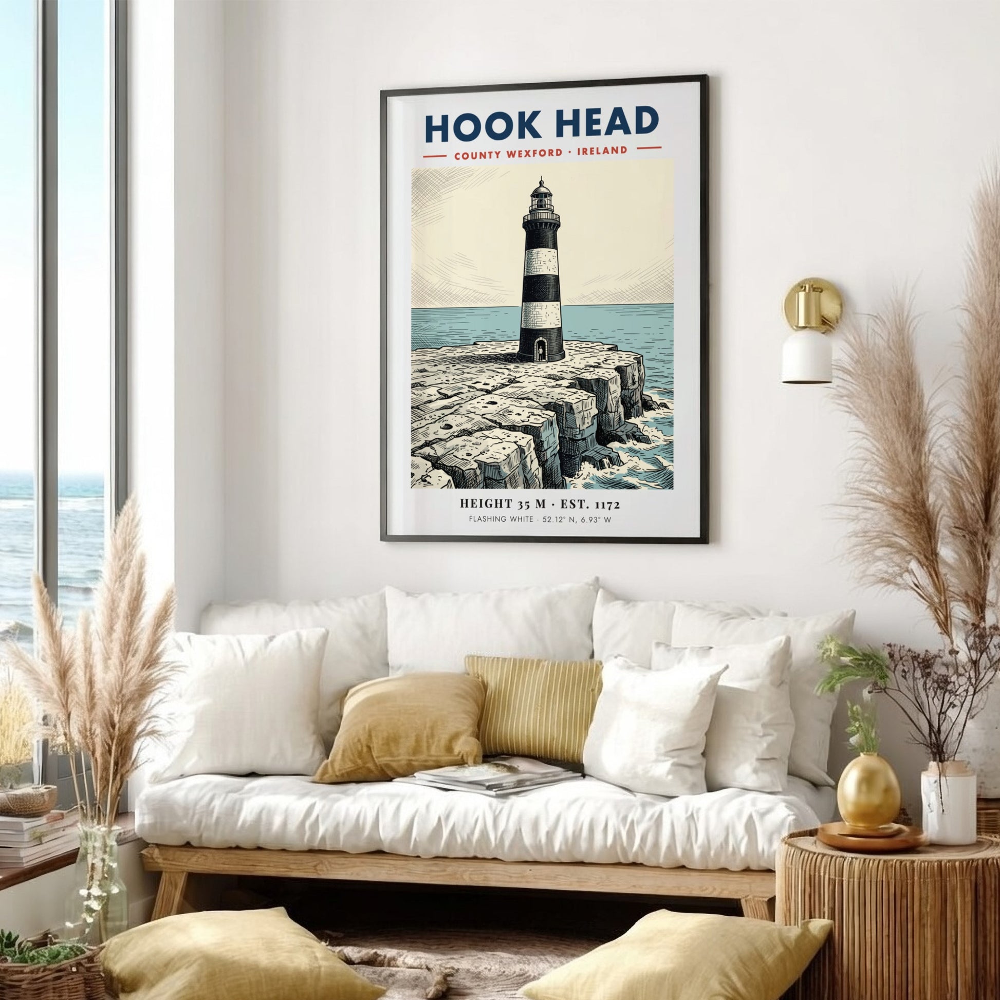 Poster featuring the iconic Hook Head Lighthouse on jagged cliffs by the sea.