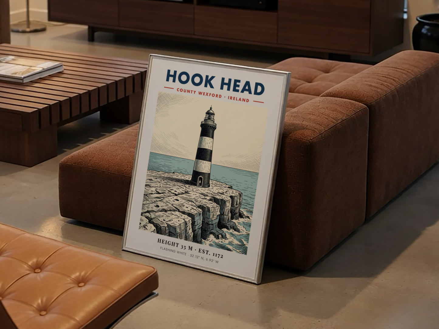 Poster featuring the iconic Hook Head Lighthouse on jagged cliffs by the sea.