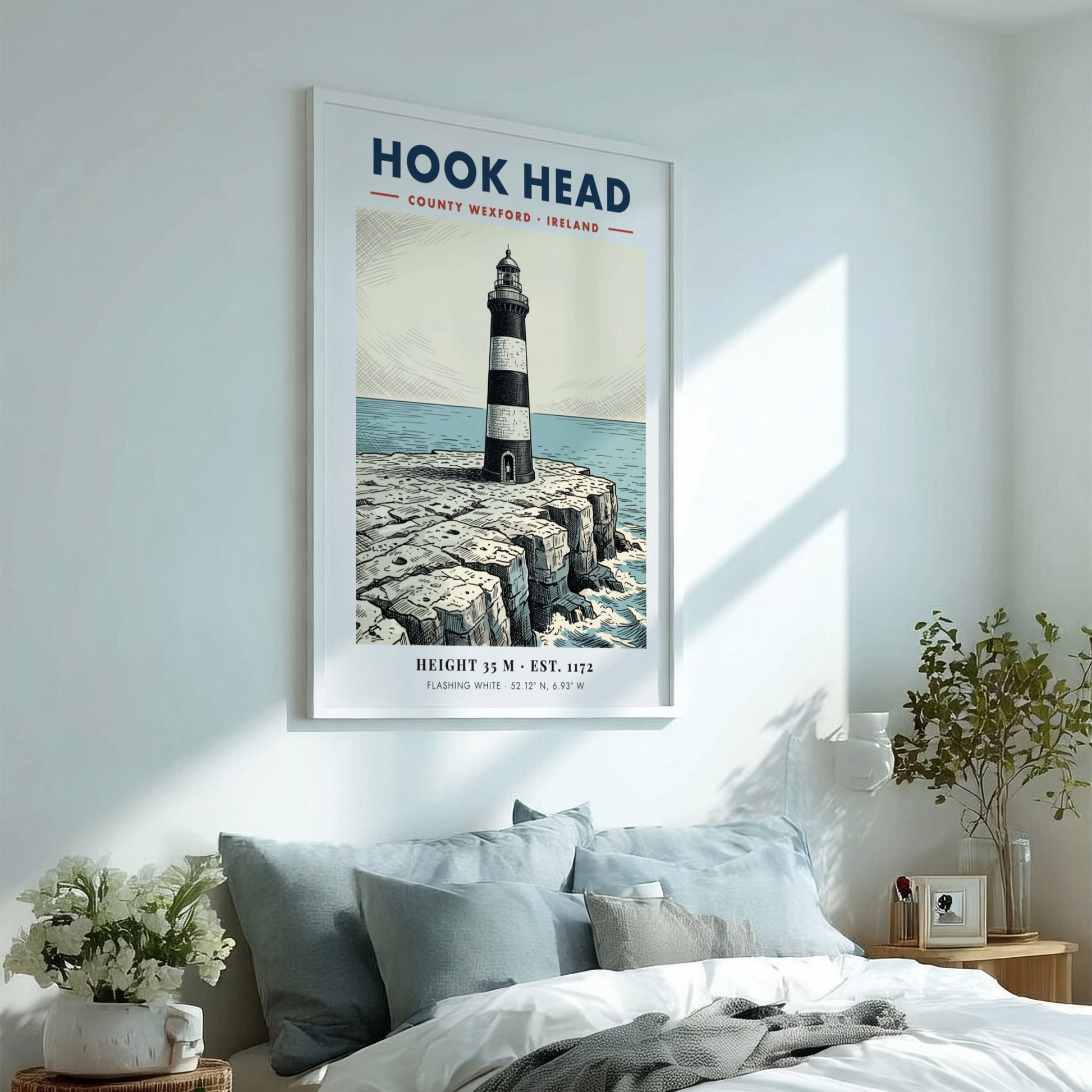 Poster featuring the iconic Hook Head Lighthouse on jagged cliffs by the sea.