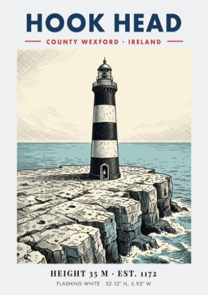 Poster featuring the iconic Hook Head Lighthouse on jagged cliffs by the sea.