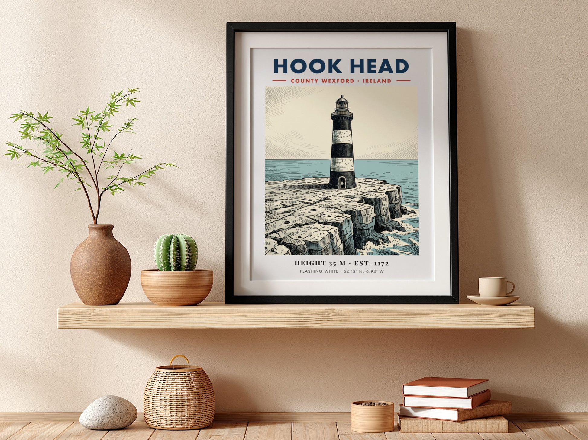 Poster featuring the iconic Hook Head Lighthouse on jagged cliffs by the sea.