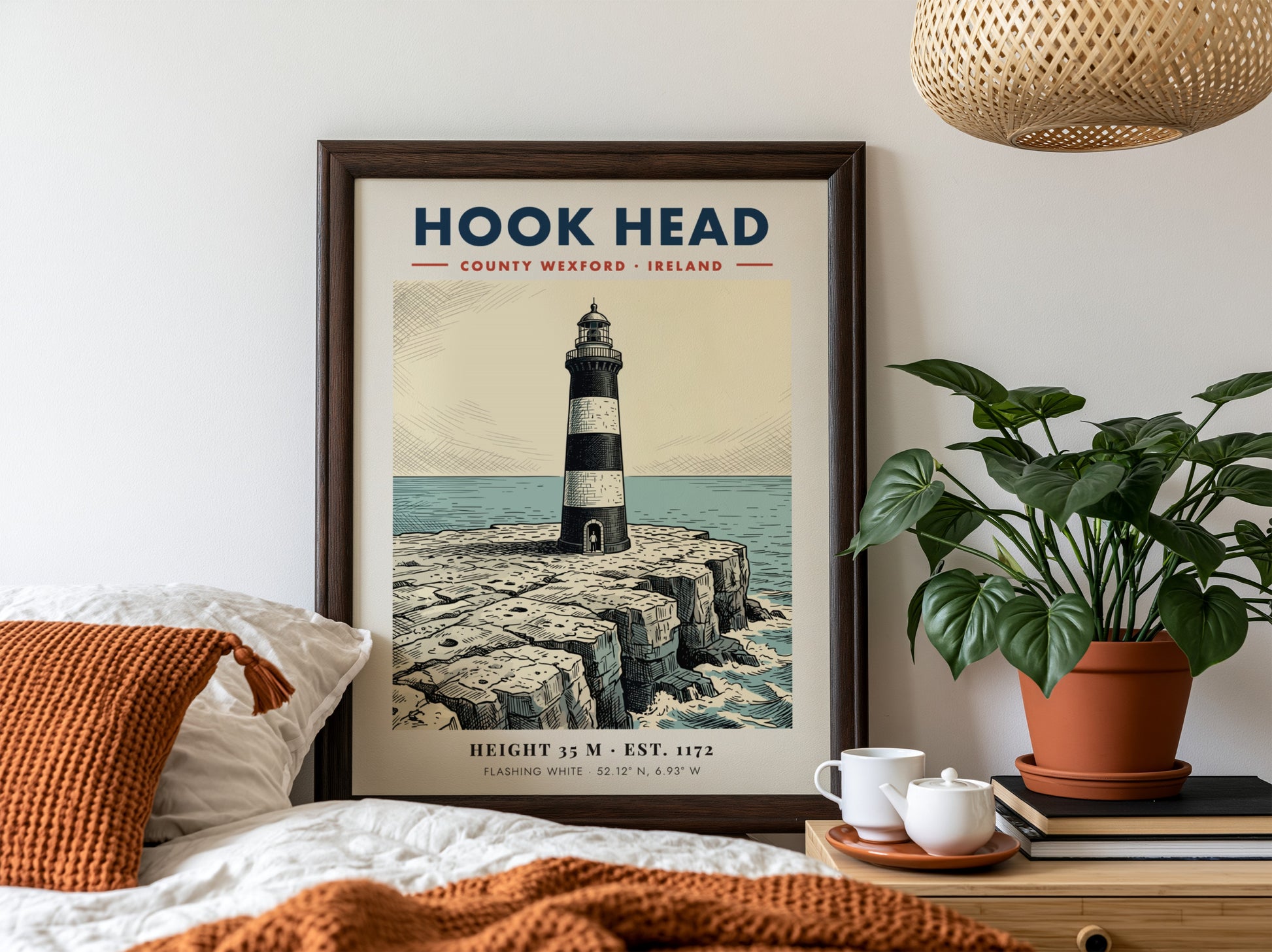 Poster featuring the iconic Hook Head Lighthouse on jagged cliffs by the sea.