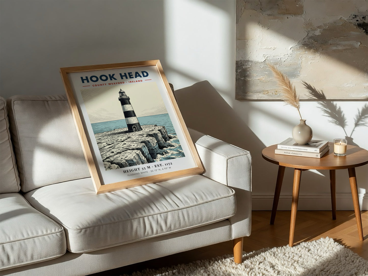 Poster featuring the iconic Hook Head Lighthouse on jagged cliffs by the sea.