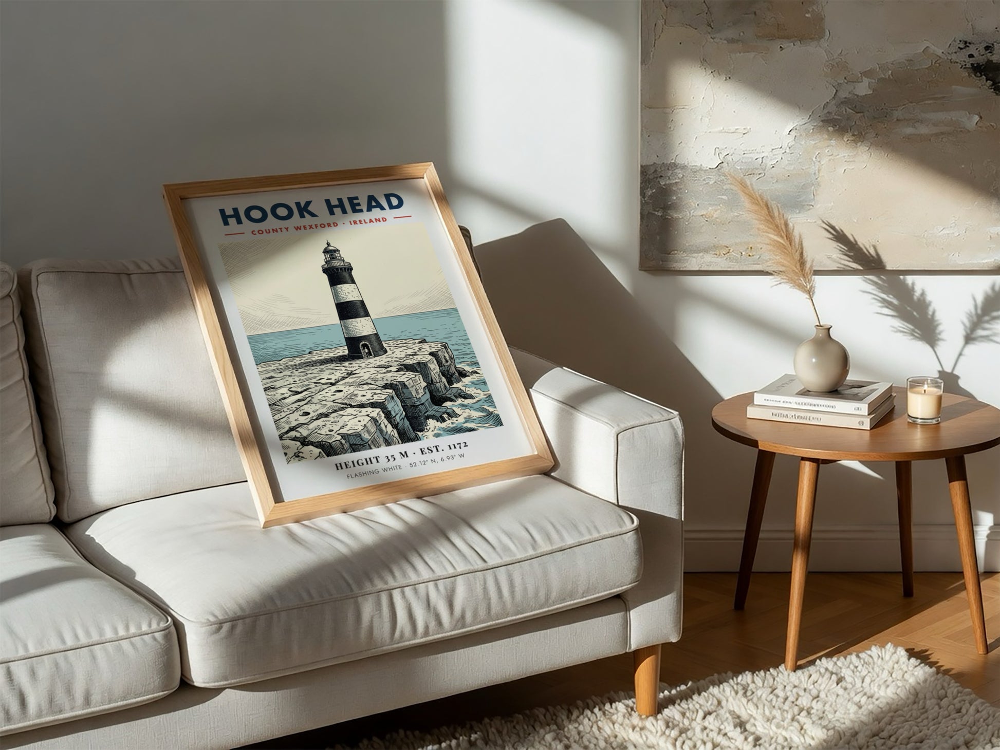 Poster featuring the iconic Hook Head Lighthouse on jagged cliffs by the sea.