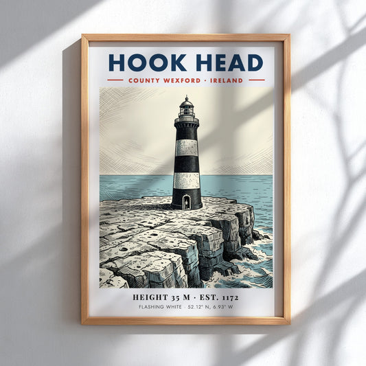 Poster featuring the iconic Hook Head Lighthouse on jagged cliffs by the sea.
