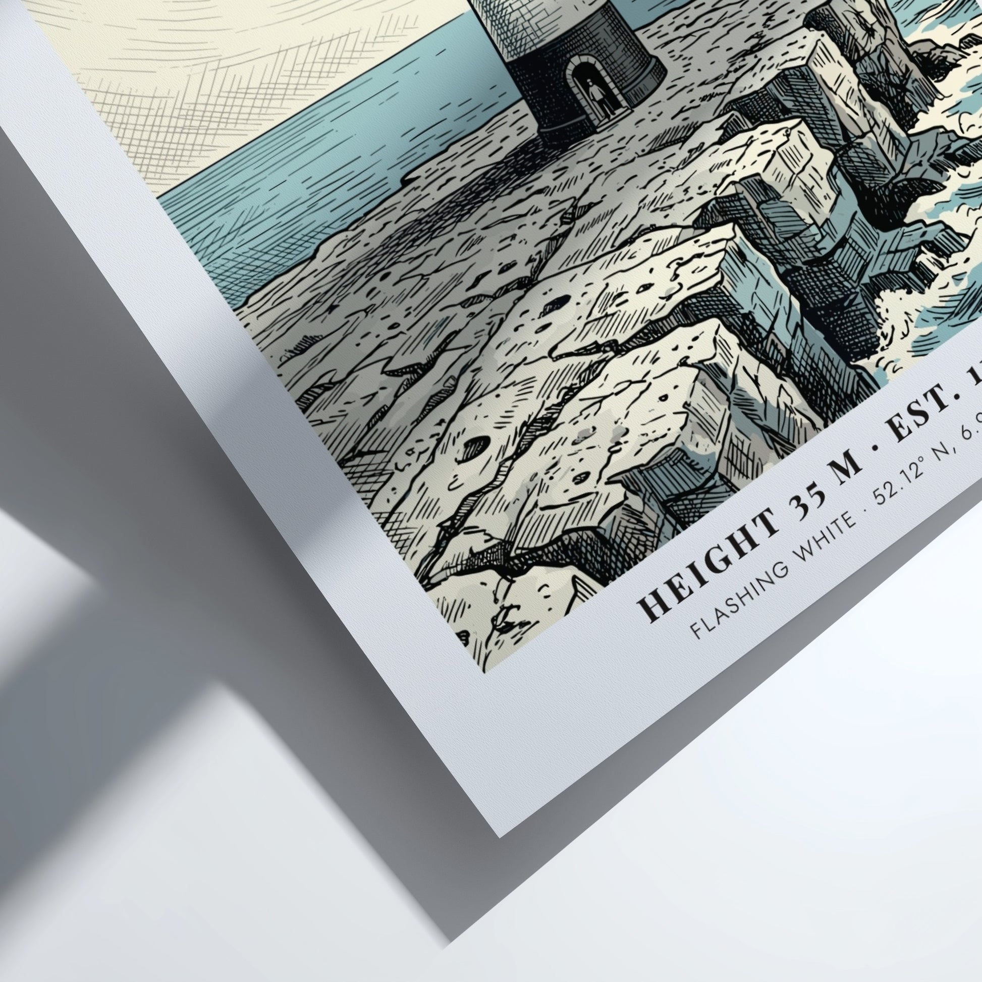 Poster featuring the iconic Hook Head Lighthouse on jagged cliffs by the sea.