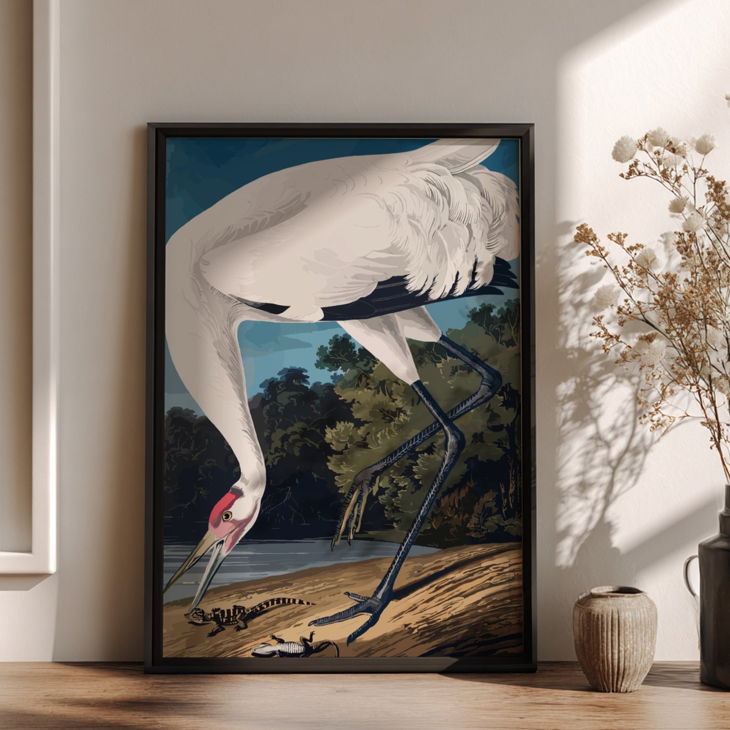 Hooping Crane art poster featuring detailed illustration of a crane in natural colors, perfect for nature