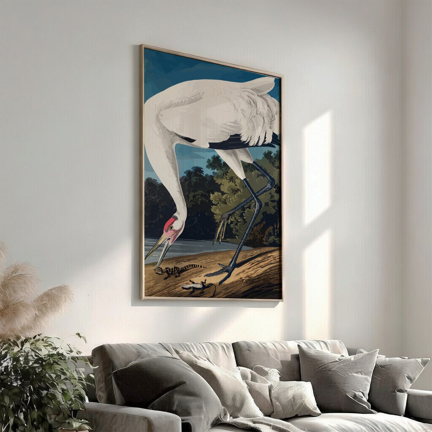 Hooping Crane art poster featuring detailed illustration of a crane in natural colors, perfect for nature