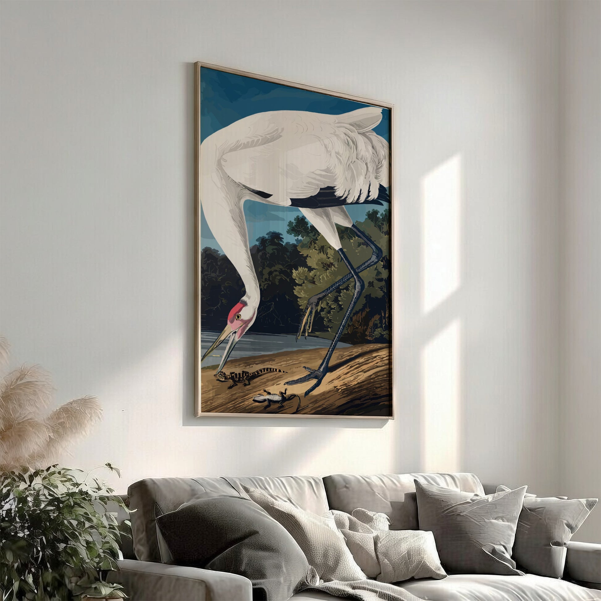 Hooping Crane art poster featuring detailed illustration of a crane in natural colors, perfect for nature