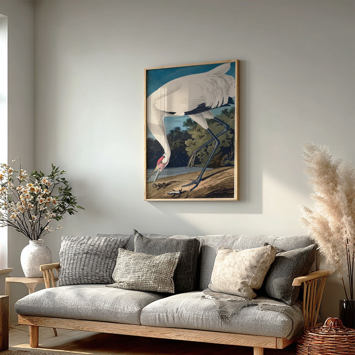 Hooping Crane art poster featuring detailed illustration of a crane in natural colors, perfect for nature