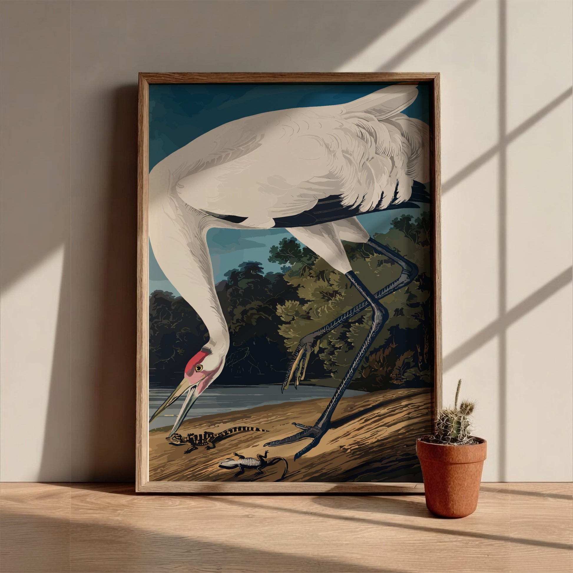 Hooping Crane art poster featuring detailed illustration of a crane in natural colors, perfect for nature