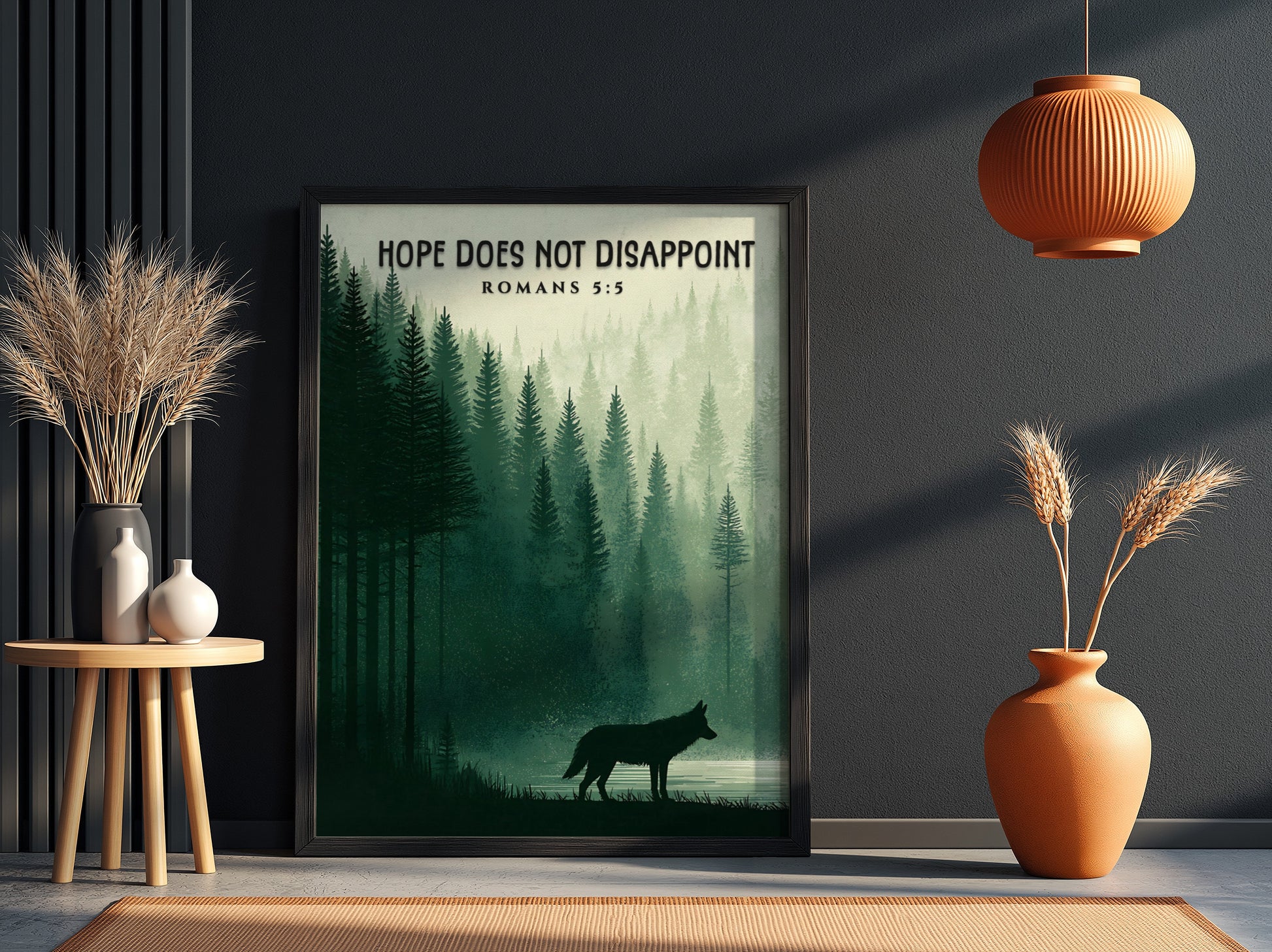 Hope Does Not Disappoint Poster featuring a serene forest landscape and a wolf silhouette in calming green