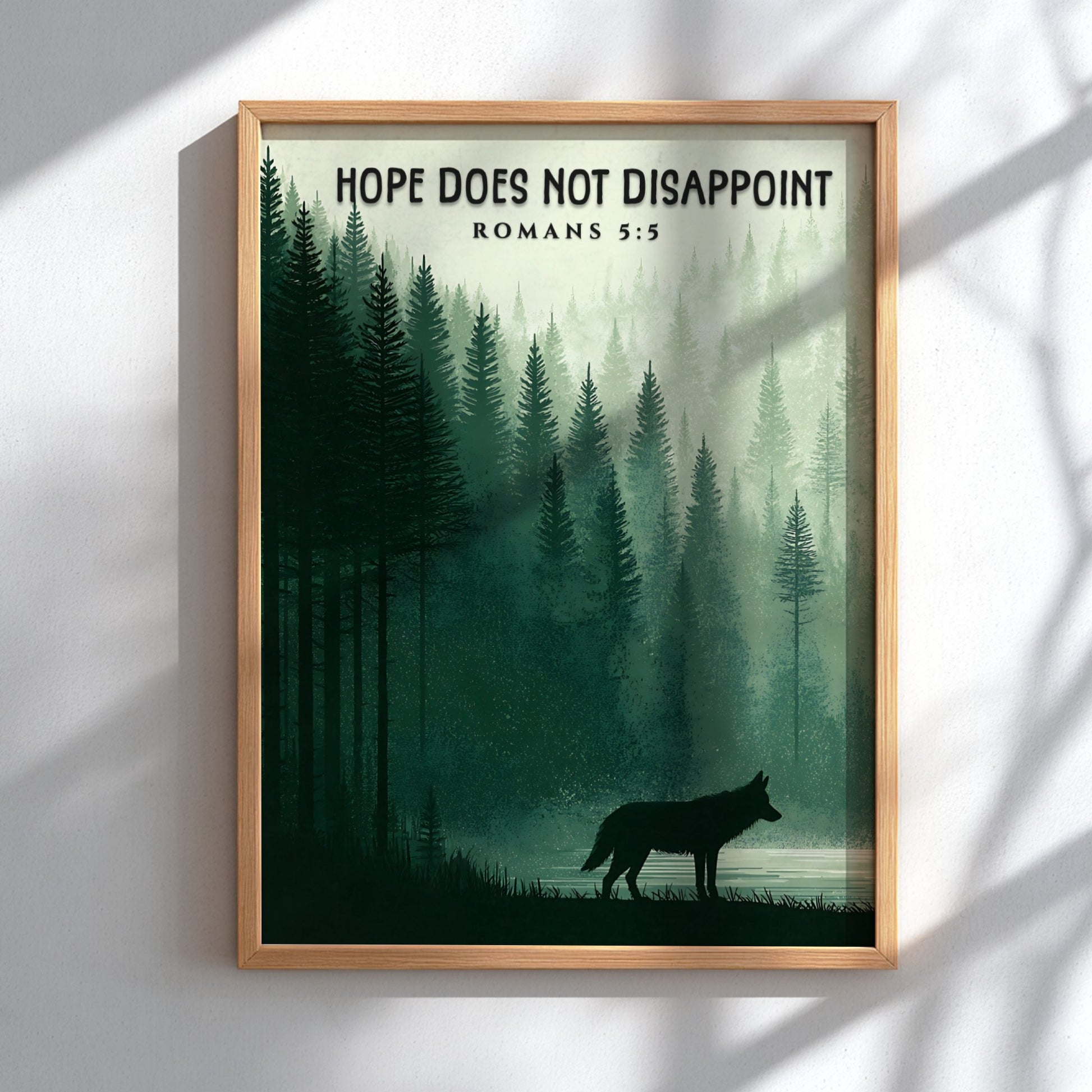 Hope Does Not Disappoint Poster featuring a serene forest landscape and a wolf silhouette in calming green