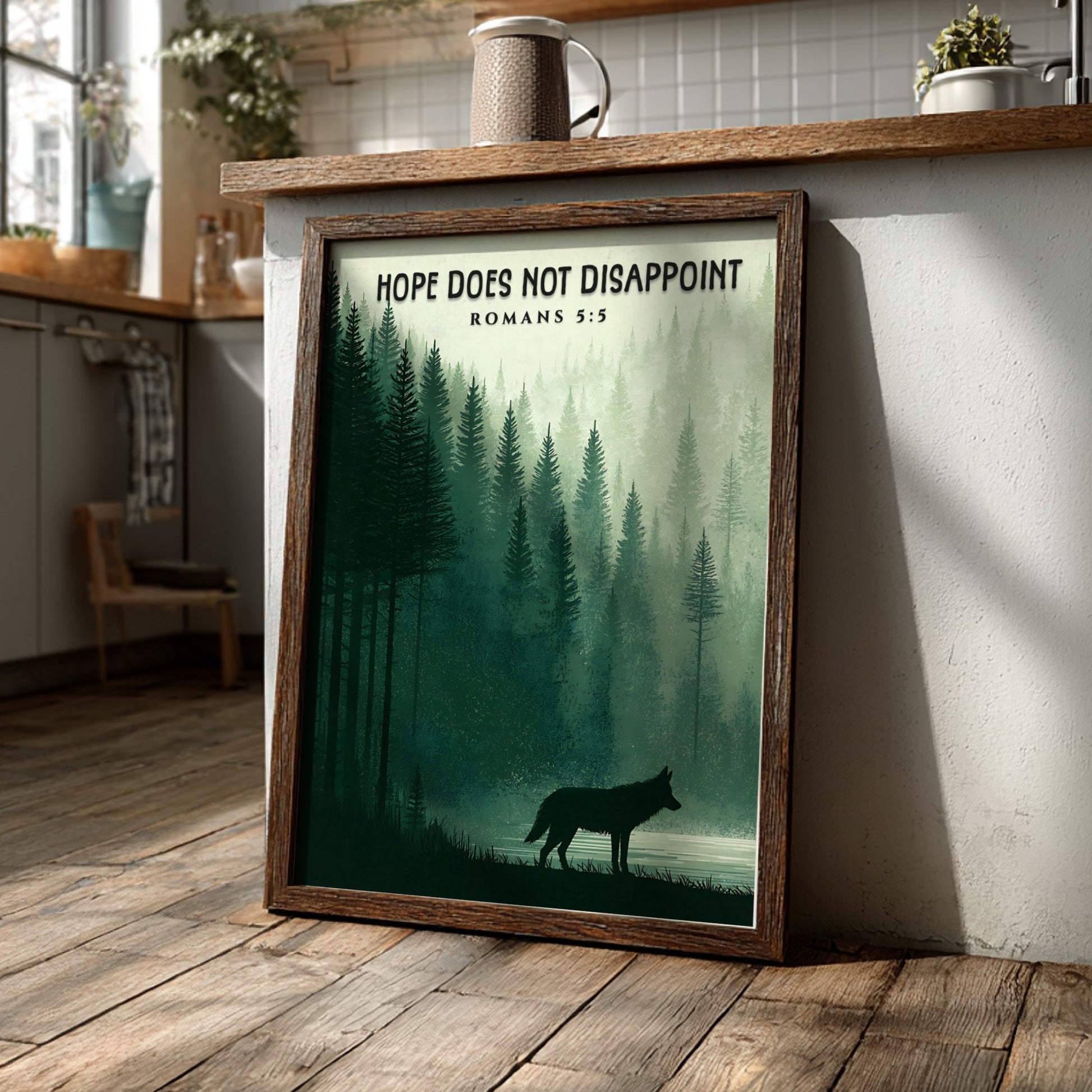 Hope Does Not Disappoint Poster featuring a serene forest landscape and a wolf silhouette in calming green