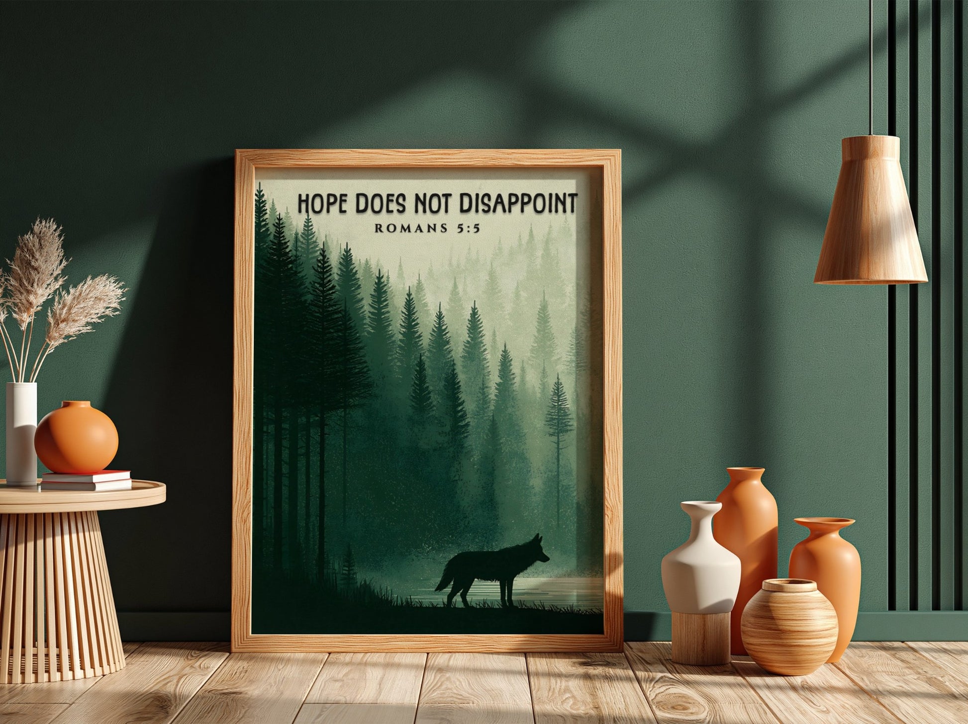Hope Does Not Disappoint Poster featuring a serene forest landscape and a wolf silhouette in calming green