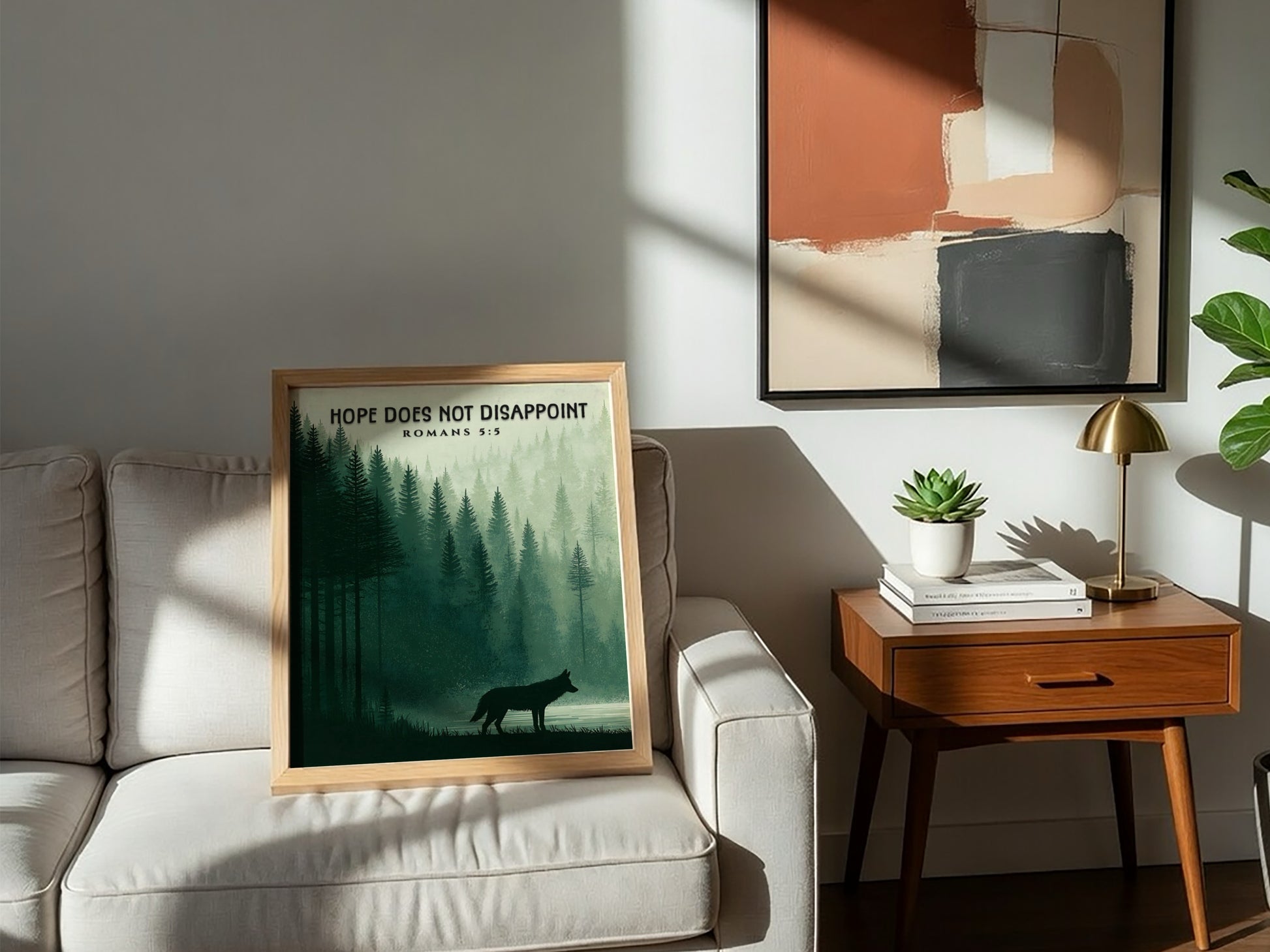 Hope Does Not Disappoint Poster featuring a serene forest landscape and a wolf silhouette in calming green