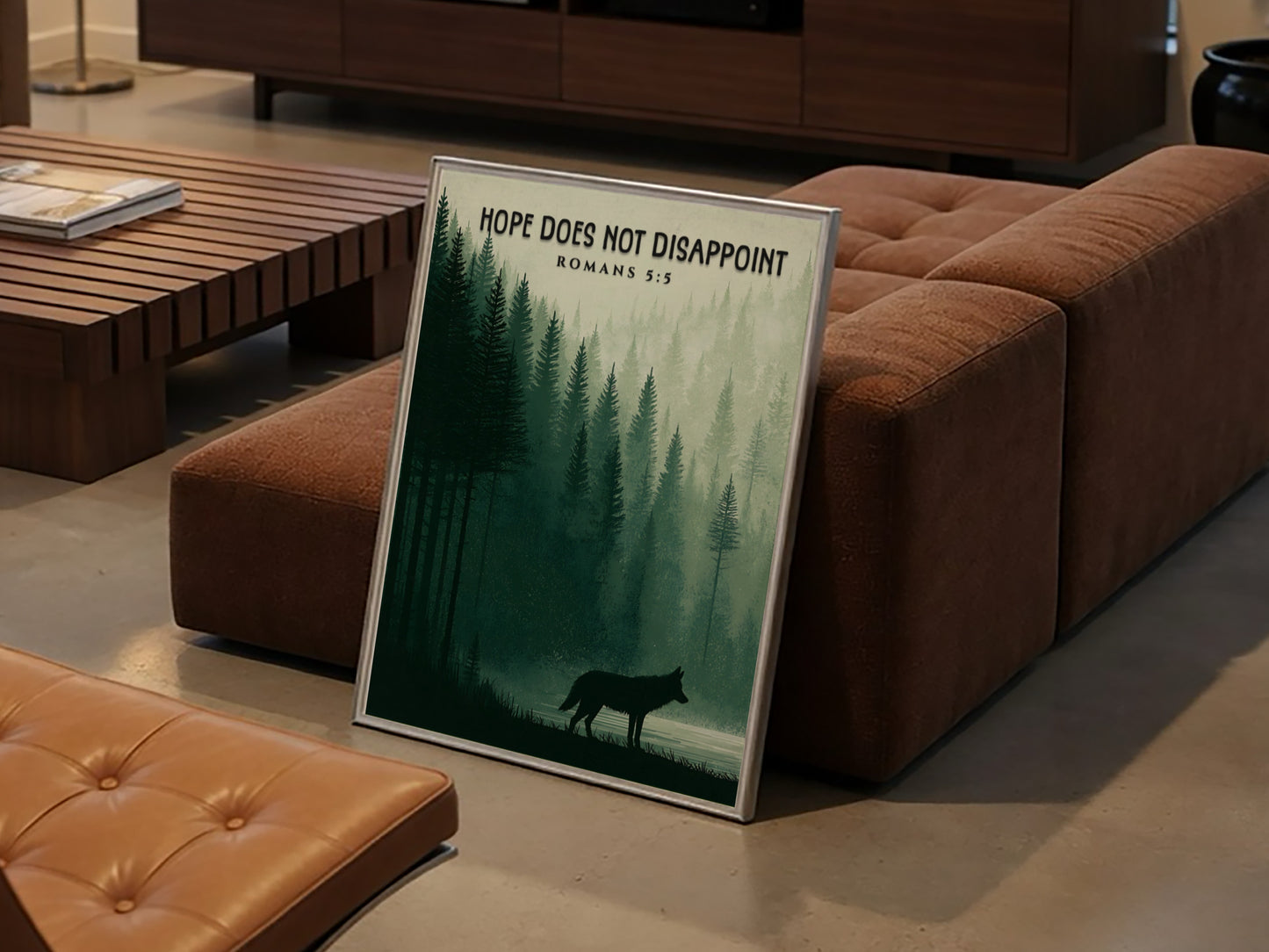 Hope Does Not Disappoint Poster featuring a serene forest landscape and a wolf silhouette in calming green