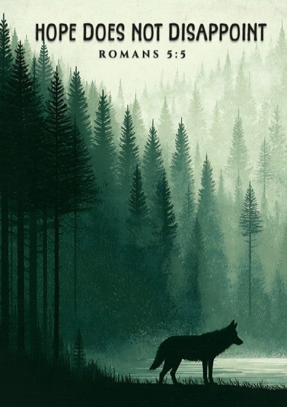 Hope Does Not Disappoint Poster featuring a serene forest landscape and a wolf silhouette in calming green