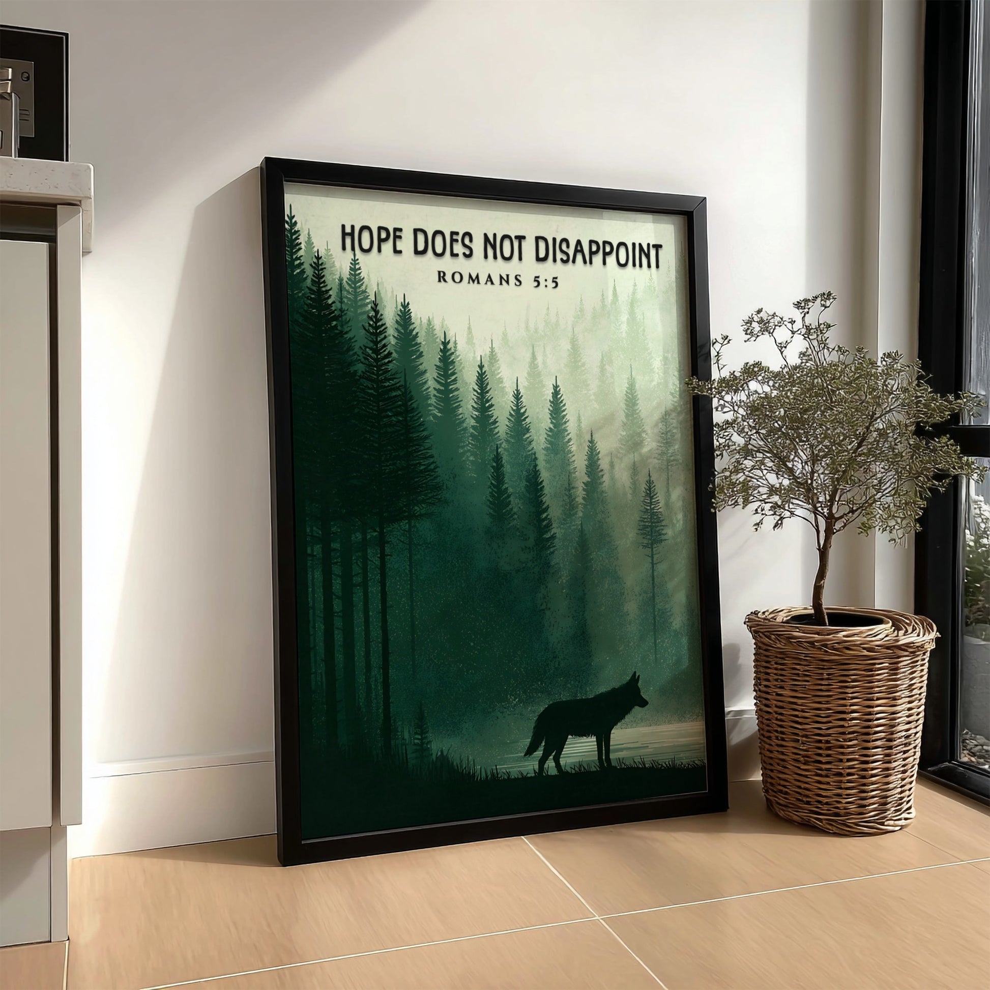 Hope Does Not Disappoint Poster featuring a serene forest landscape and a wolf silhouette in calming green