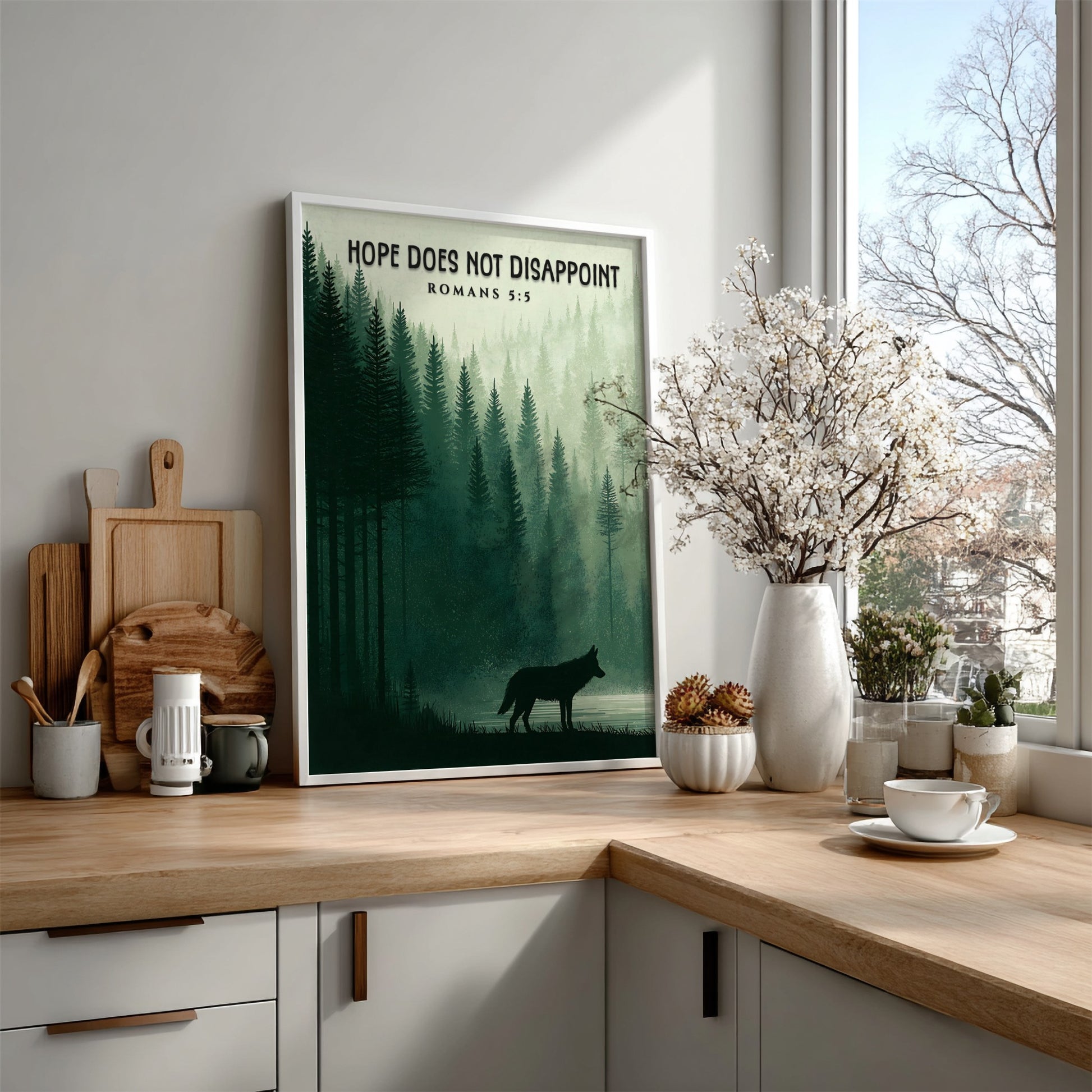 Hope Does Not Disappoint Poster featuring a serene forest landscape and a wolf silhouette in calming green
