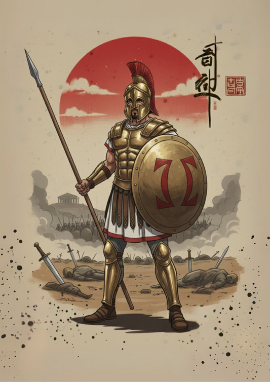Spartan warrior with a shield and spear against a sunset background