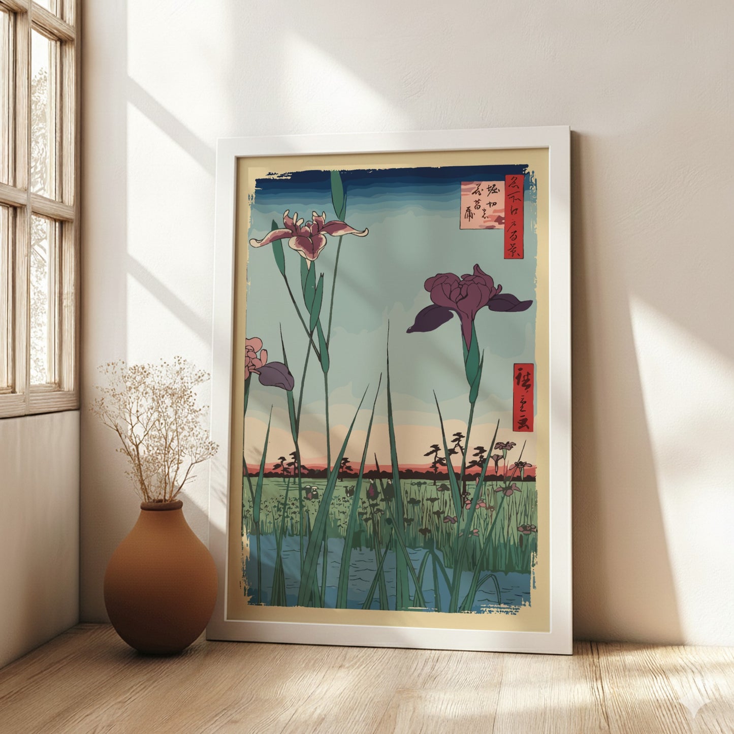 Horikiri Iris Garden poster featuring Utagawa's Japanese Ukiyo-e art with purple and pink irises.