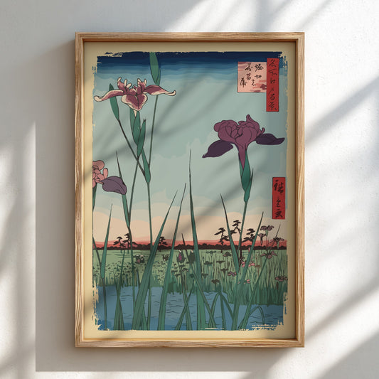 Horikiri Iris Garden poster featuring Utagawa's Japanese Ukiyo-e art with purple and pink irises.