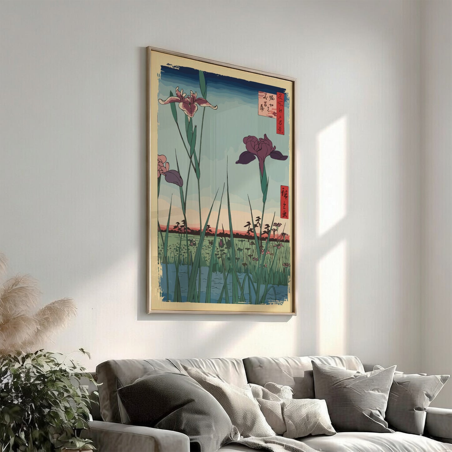Horikiri Iris Garden poster featuring Utagawa's Japanese Ukiyo-e art with purple and pink irises.