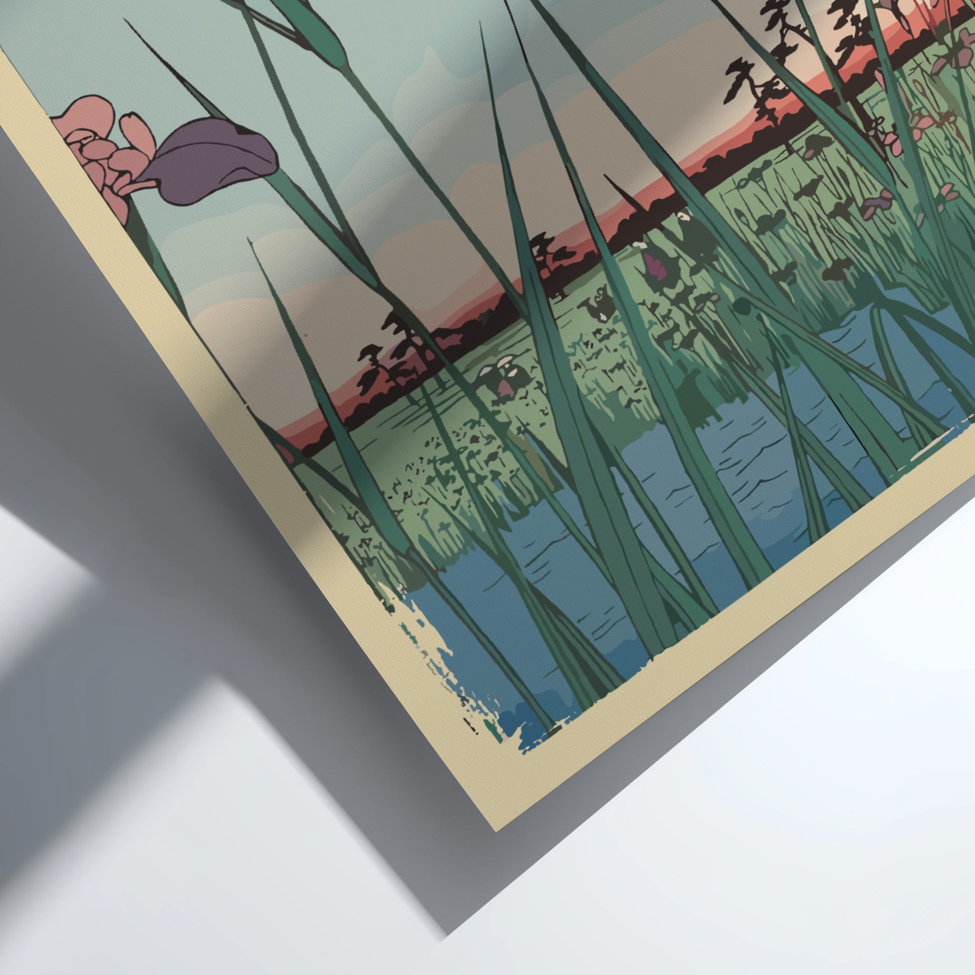 Horikiri Iris Garden poster featuring Utagawa's Japanese Ukiyo-e art with purple and pink irises.