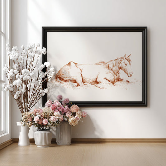 Vintage drawing of a horse lying in grass, rendered in brown ink, framed in wood.